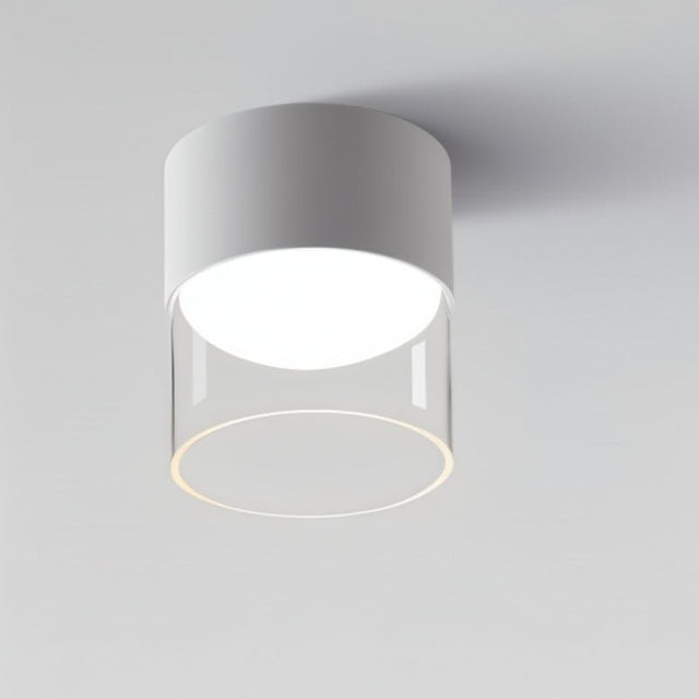 "A modern white ceiling light featuring a glass shade and a sleek aluminum body, offering even lighting with a minimalist design for various contemporary spaces."