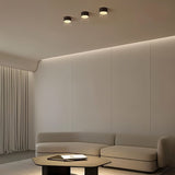"Sleek white Hafra ceiling lights mounted on the ceiling, complementing a contemporary living room with modern design elements, made with aluminum and glass for durability and even illumination."