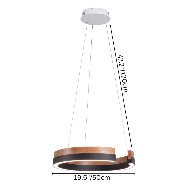 "Suspended pendant light with wooden frame, industrial detailing, 50cm diameter and height-adjustable cables."