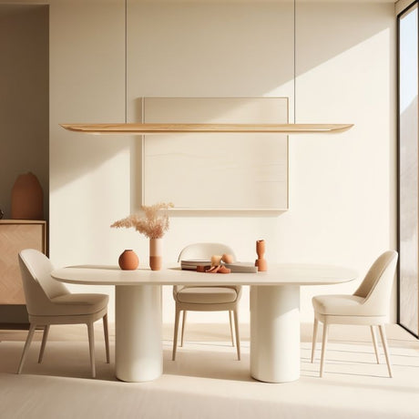 "Sleek, minimalist wood pendant light designed for modern interiors, adding warmth and elegance to a dining space."