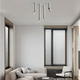 "Modern ceiling light fixture with adjustable heads, aluminum material, clean lines in a cozy lounge area"