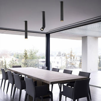 "Modern ceiling light with adjustable cylindrical aluminum heads, minimalist design in a dining room"