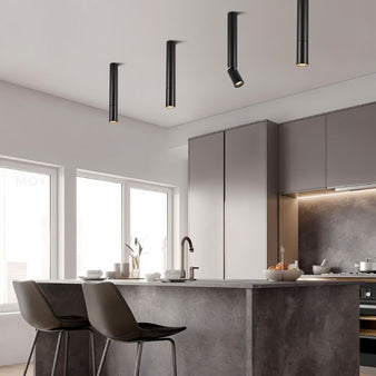 "Contemporary ceiling light fixture with adjustable aluminum heads and a matte finish in a kitchen space"