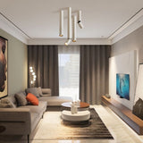 "Minimalist aluminum ceiling light with sleek cylindrical heads providing directional lighting in a living room"