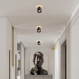 "Black ceiling lights installed in a contemporary hallway with artistic decor, sleek cylindrical design."