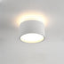 "Closeup of a white aluminum ceiling light with ambient glow, drum-shaped modern design."