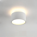 "Closeup of a white aluminum ceiling light with ambient glow, drum-shaped modern design."