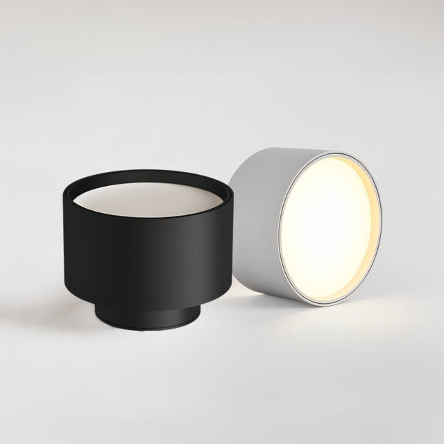 "Black and white aluminum ceiling lights displayed laying down, showcasing modern cylindrical design."