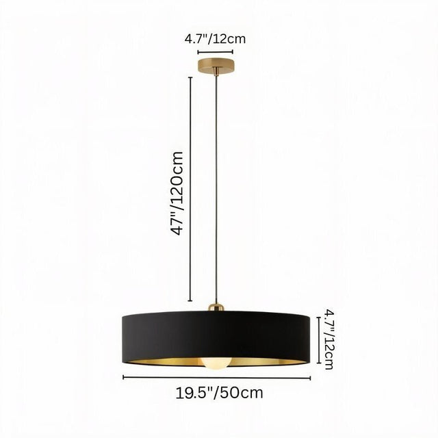 "Pendant light dimensions shown, black fabric with gold interior, adjustable height, modern ceiling fixture"