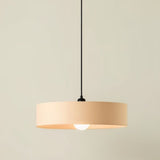 "Hanging pendant light with fabric shade, modern minimalist design, soft ambient lighting, black cord detail"