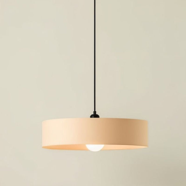 "Hanging pendant light with fabric shade, modern minimalist design, soft ambient lighting, black cord detail"