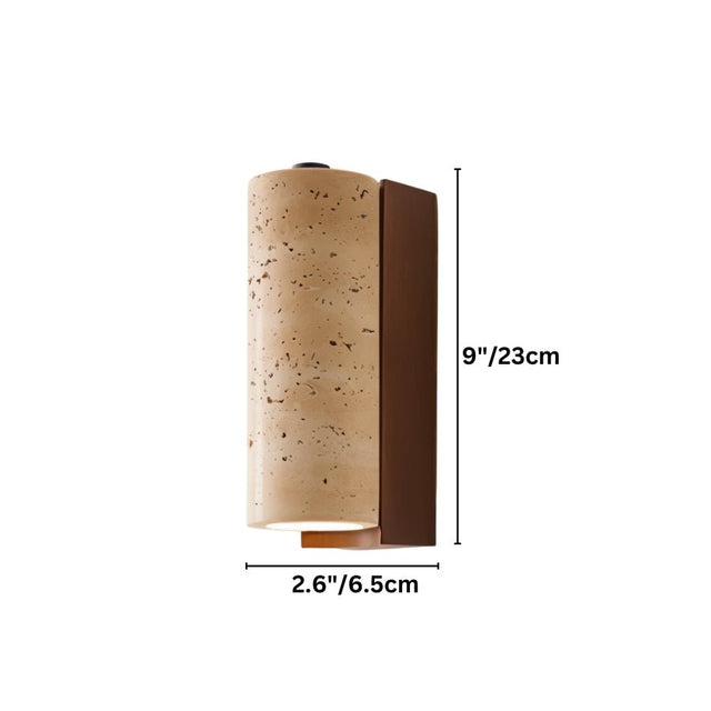 "Wall lamp with a cylindrical travertine shade and wooden backplate, with labeled dimensions."