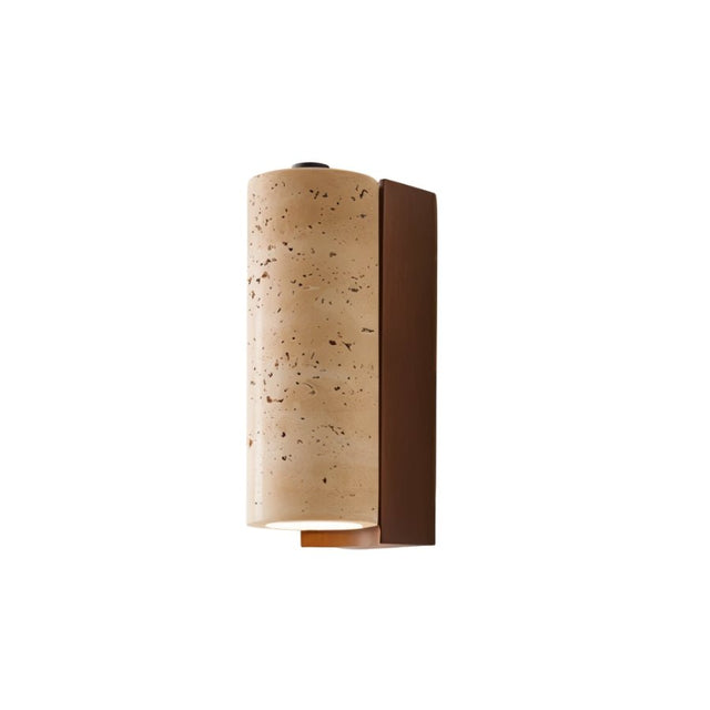 "Front view of a wall lamp featuring a cylindrical travertine shade and a rectangular wooden backplate."