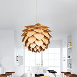 "Wooden petal pendant lamp in bright modern kitchen, layered wood design, soft light for interiors"