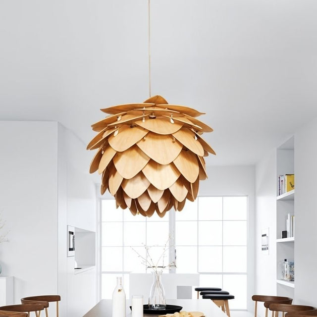"Wooden petal pendant lamp in bright modern kitchen, layered wood design, soft light for interiors"
