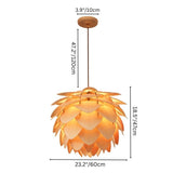"Large pendant lamp dimensions, wooden petal structure, warm lighting fixture, 23.2-inch diameter"