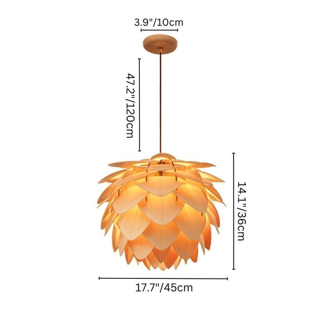 "Medium-sized pendant lamp dimensions, wooden layered design, nature-inspired lighting, 17.7-inch diameter"