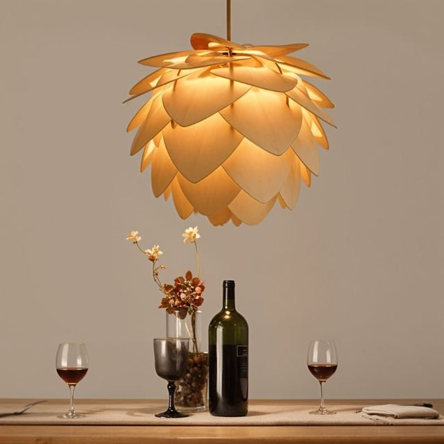 "Pendant lamp with warm glow over dining setup, high-quality wood design, artistic and functional lighting"