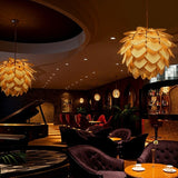 "Wooden pendant lamps in luxury lounge, layered petal design, warm ambient lighting for elegant interiors"