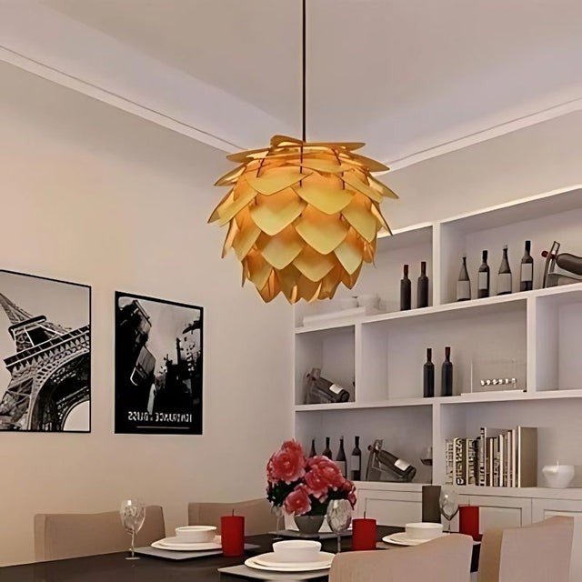 "Pendant lamp hanging in modern dining room, layered wood petal texture, ambient warm lighting"