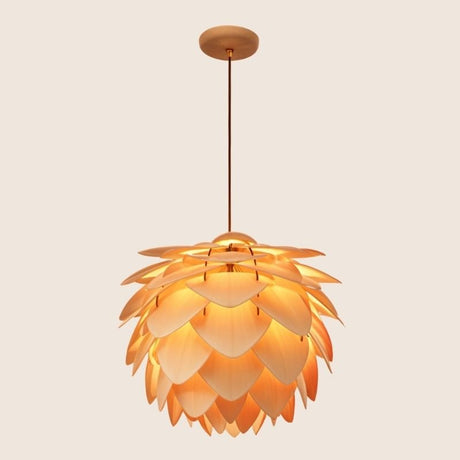"Hanging pendant lamp with wooden petal design, warm ambient glow, nature-inspired lighting fixture"