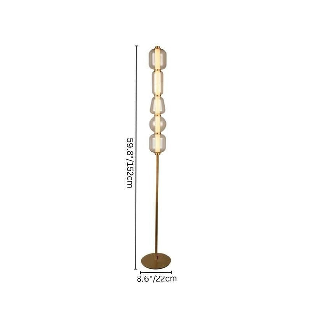 "The Lyris floor lamp, with a height of 59.8 inches (152 cm) and a width of 8.6 inches (22 cm), features a gold metal base and stacked glass orbs. It’s a perfect blend of style and function for modern interiors."