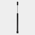 "Single black cylindrical aluminum pendant light, minimalist design, suspended with clean cable"
