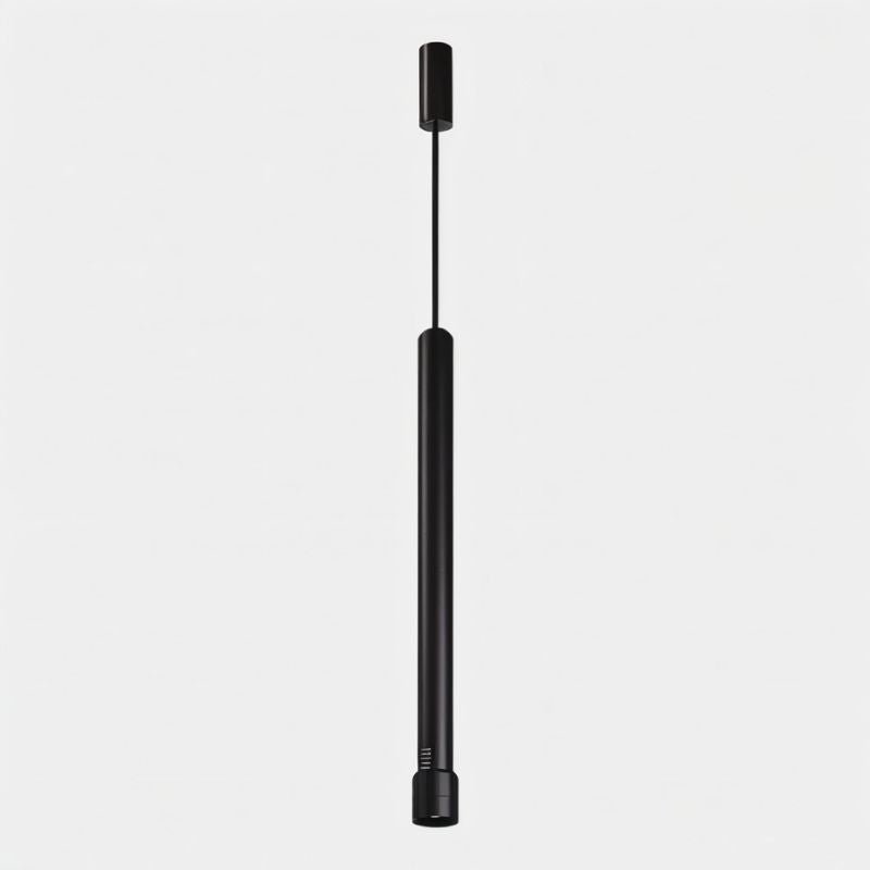 "Single black cylindrical aluminum pendant light, minimalist design, suspended with clean cable"