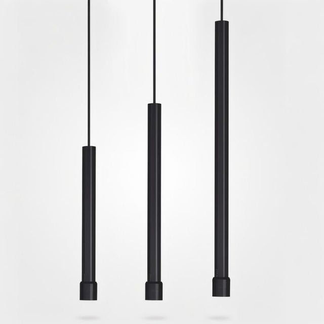"Three sleek cylindrical aluminum pendant lights, black finish, suspended with linear cords"
