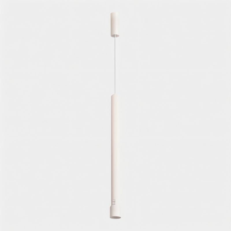 "Minimalist white aluminum pendant light, clean cylindrical shape, suspended with linear wire"
