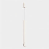 "Minimalist white aluminum pendant light, clean cylindrical shape, suspended with linear wire"