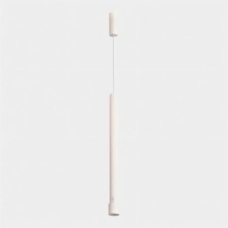 "Minimalist white aluminum pendant light, clean cylindrical shape, suspended with linear wire"