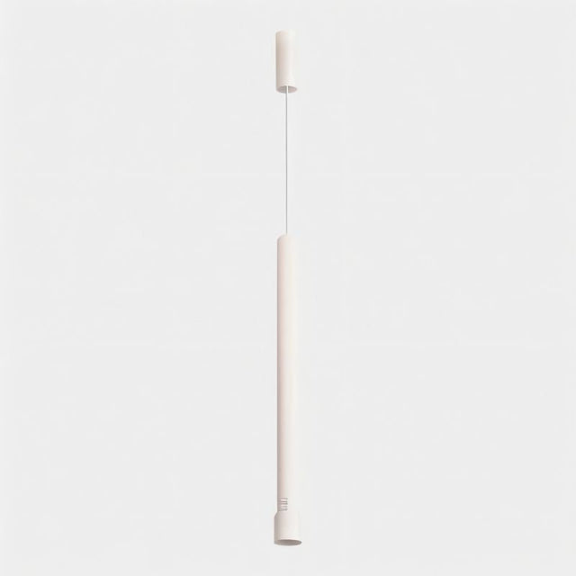 "Minimalist white aluminum pendant light, clean cylindrical shape, suspended with linear wire"