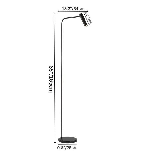 "Slim modern floor lamp with a height of 65 inches and detailed measurements"