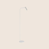 "Minimalist white floor lamp with a curved frame and modern LED light head"