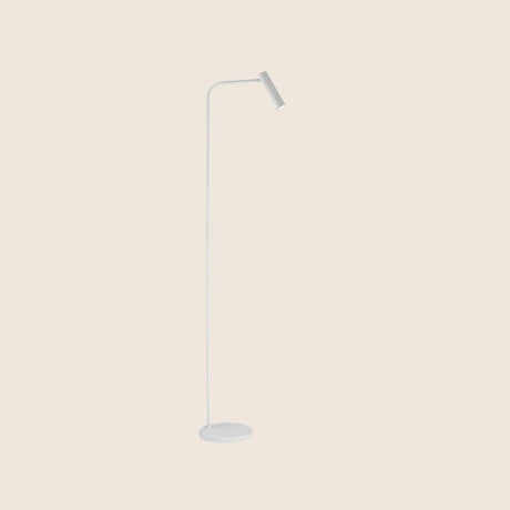 "Minimalist white floor lamp with a curved frame and modern LED light head"