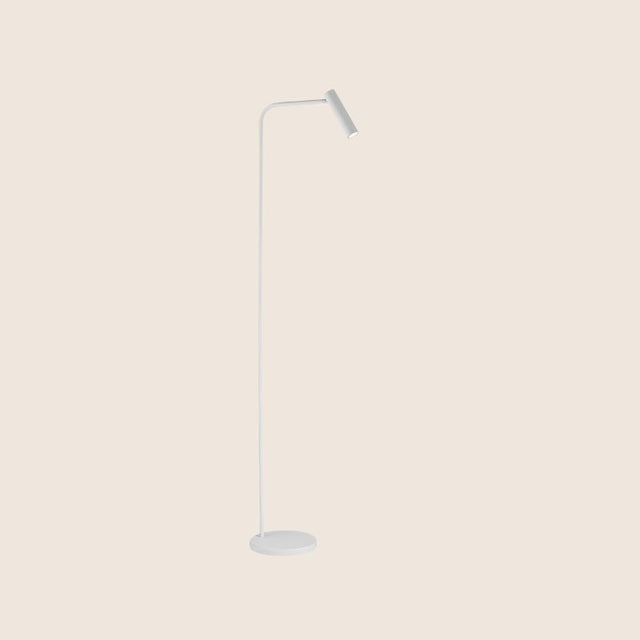 "Minimalist white floor lamp with a curved frame and modern LED light head"