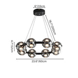 "Chandelier with 8 smoked glass orbs and aluminum frame with dimensions shown."