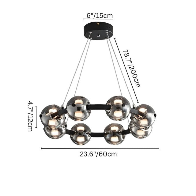"Chandelier with 8 smoked glass orbs and aluminum frame with dimensions shown."