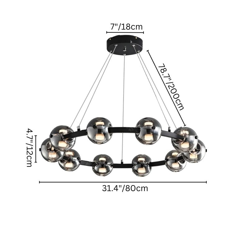 "Chandelier with 10 smoked glass orbs, adjustable suspension cables, dimensions displayed."