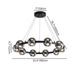 "Chandelier with 10 smoked glass orbs, adjustable suspension cables, dimensions displayed."