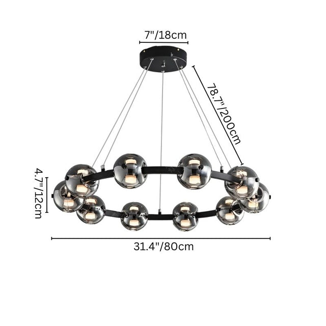 "Chandelier with 10 smoked glass orbs, adjustable suspension cables, dimensions displayed."