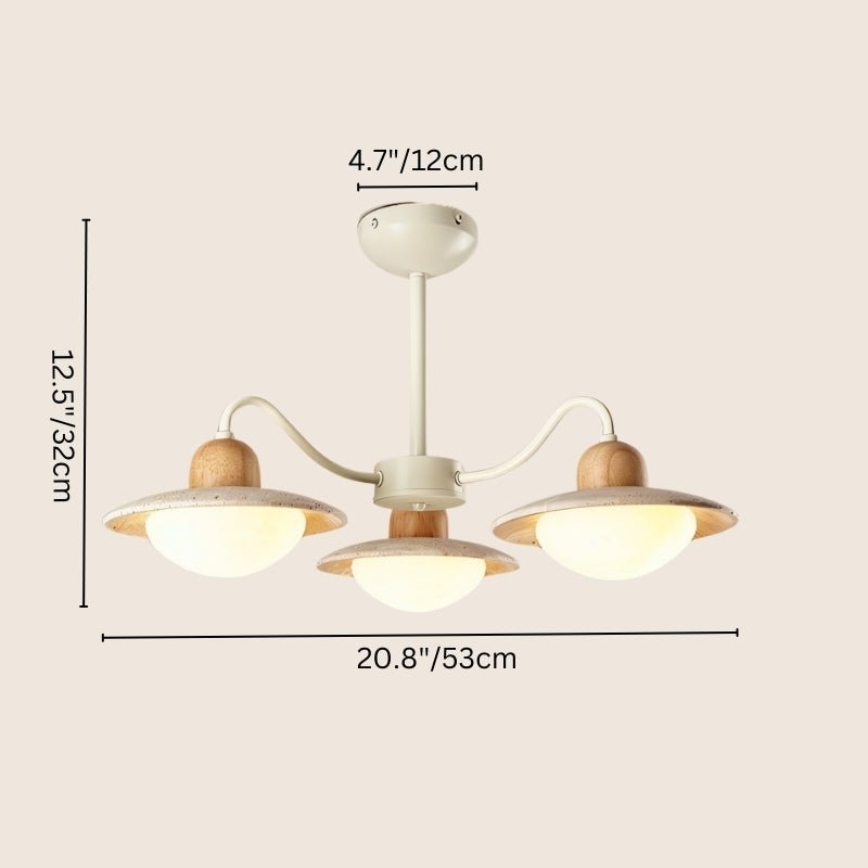 "Chandelier with three curved arms, natural wood and travertine, dimensions 20.8 inches wide and 12.5 inches high"