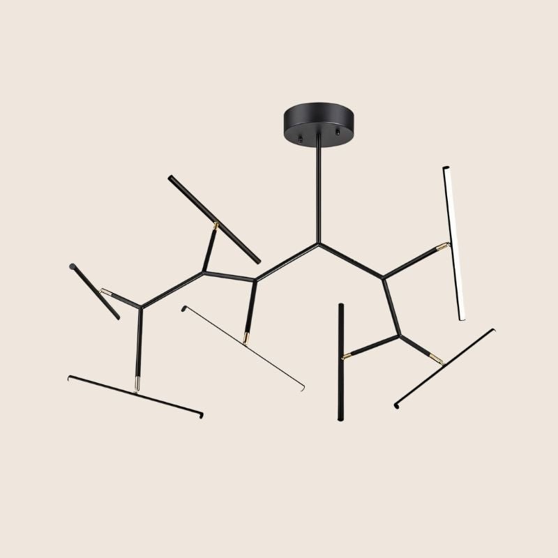 "Geometric modern chandelier in black with multiple angular arms and LED lights, designed for modern, minimalist interiors."