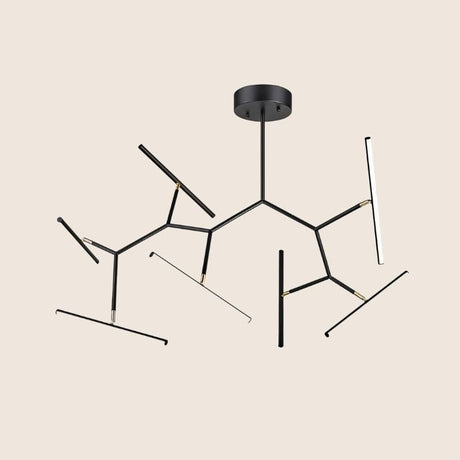 "Geometric modern chandelier in black with multiple angular arms and LED lights, designed for modern, minimalist interiors."