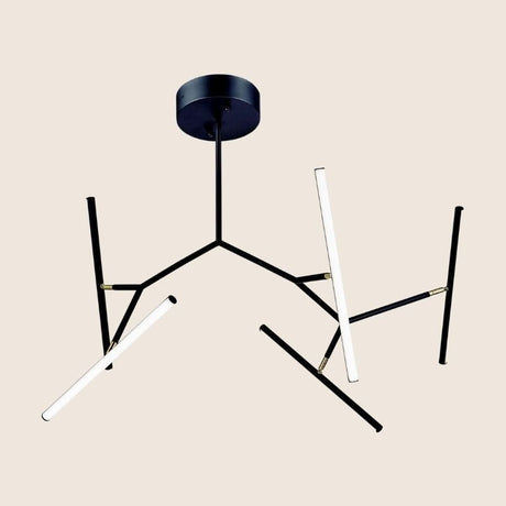 "Black modern chandelier with geometric arms, featuring integrated LED lights, adding a contemporary and industrial feel to the space."