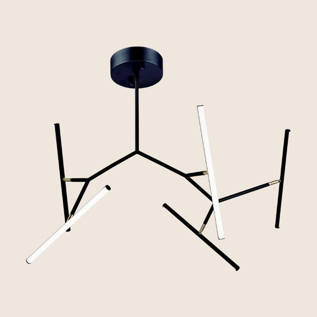 "Black modern chandelier with geometric arms, featuring integrated LED lights, adding a contemporary and industrial feel to the space."