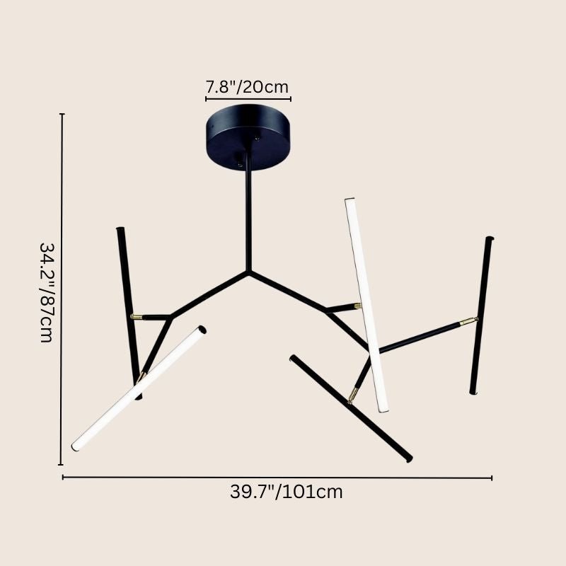 "Chandelier with geometric design, measuring 39.7 inches in width, featuring angular LED lights and a black finish, ideal for modern dining areas."