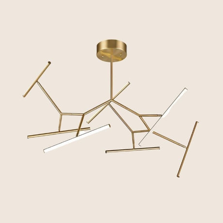 "Gold chandelier with a geometric design and angular arms, featuring integrated LED lights, perfect for brightening modern spaces with a stylish touch."