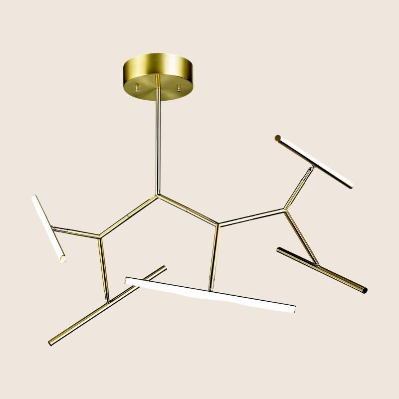 "Chandelier in gold with sleek angular arms and integrated LED lights, offering an elegant, minimalist lighting solution for modern spaces."